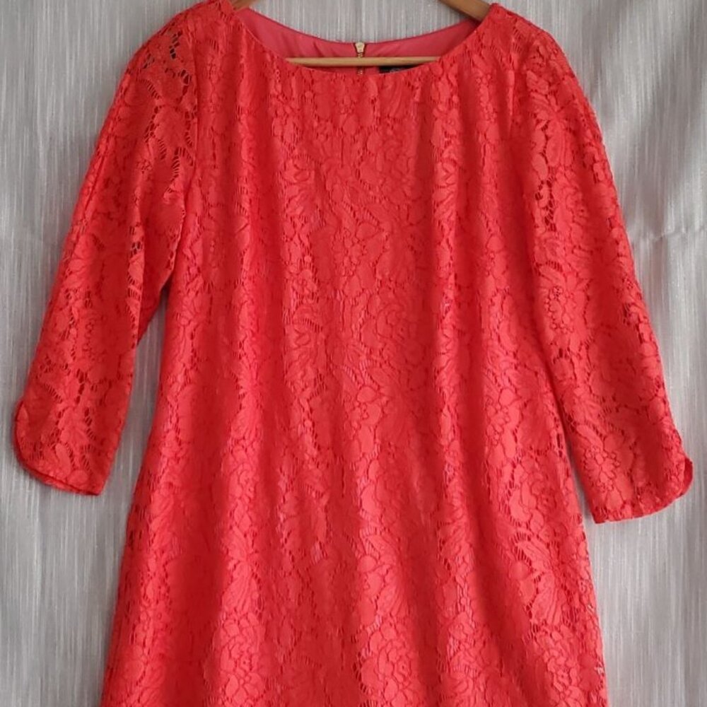 Coral Lace Knit Dress Lined A-line 3/4 Sleeve Exposed Gold Zipper Baby Doll Cute